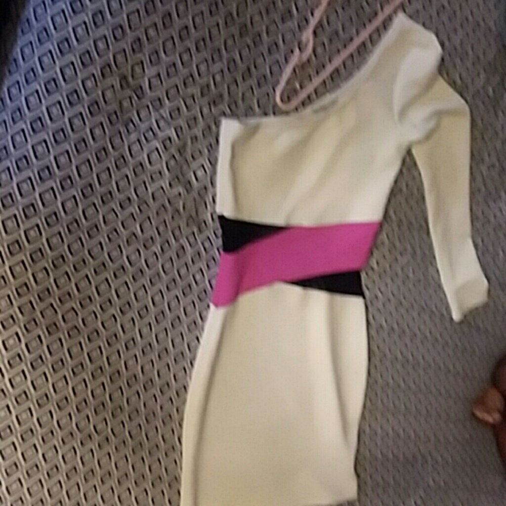 White, pink and black one sleeve dress